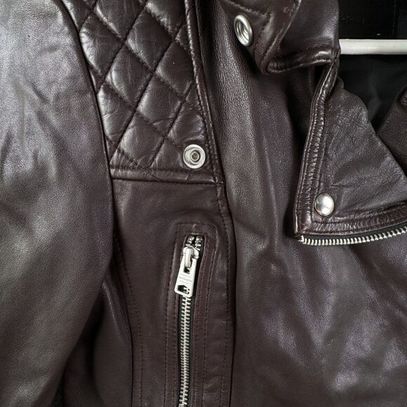 Allsaints Leather Jacket Brown Women Size 4 Zip Pockets Grunge Catch Biker - Picture 8 of 16